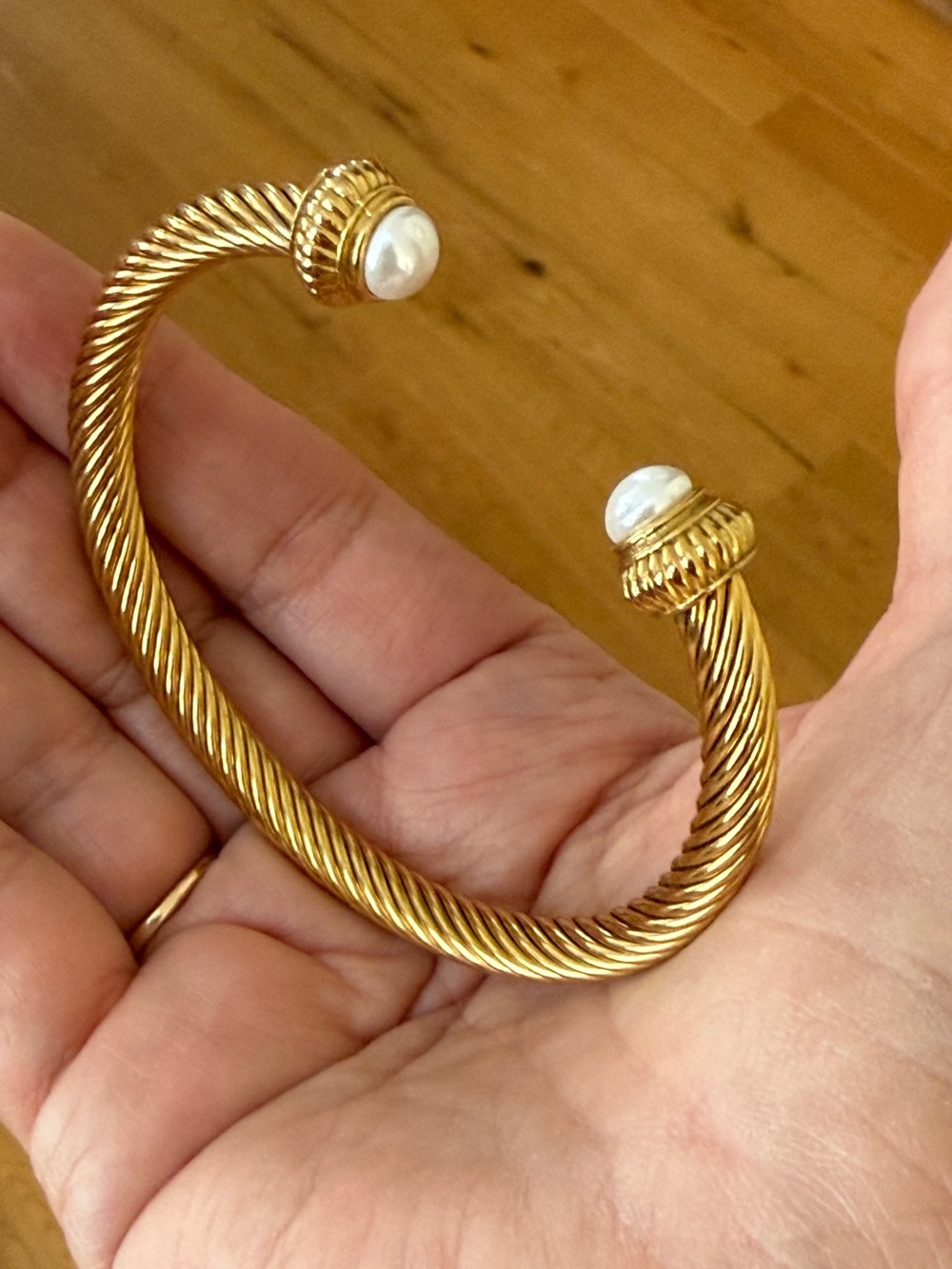 Gold-Tone Twisted Cable Cuff Bracelet with Pearl Endcaps - Picture 6 of 7